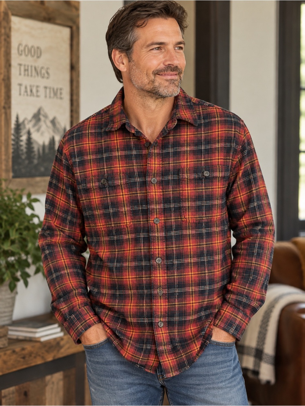 Duluth Trading Co Red and Black Plaid Button-Down Shirt M workwear outdoors fall